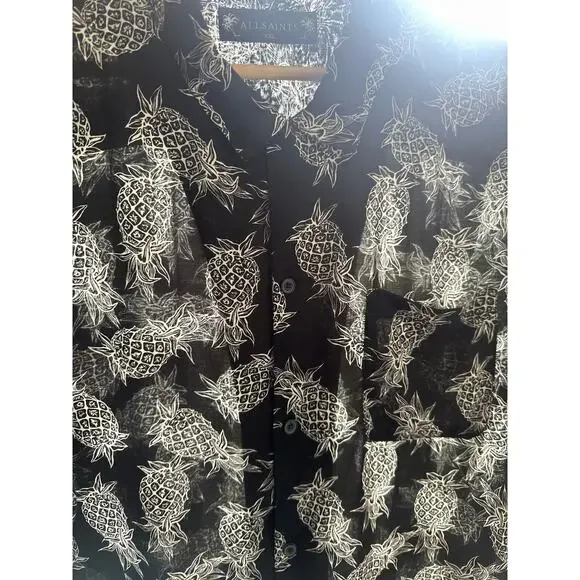 AllSaints Pineapple Short Sleeve Button Front Tailored Shirt Black White Sz XXL - Picture 8 of 11